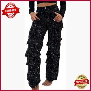 High Waist Straight Leg Rhinestone Cargo Jeans Baggy Y2K Sparkle Denim Pants